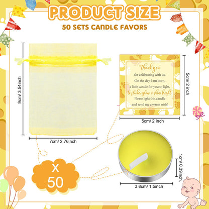 50 Sets Baby Shower Party Favors Including 50 Pcs Unscented Tealight Baby Shower Candles Gift Bags Cards for Gender Reveal Party Supplies(Yellow)