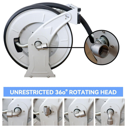 MENAITEK Fuel Hose Reel W/AUTO Fuel Nozzle,Fuel Hose Swivel,3/4"x50FT Fuel Transfer Hose Diesel Hose Reel Retractor,300 PSI Heavy Duty Auto Swivel Rewind Hose Holder Reel,1"NPT Inlet,3/4" NPT outlet
