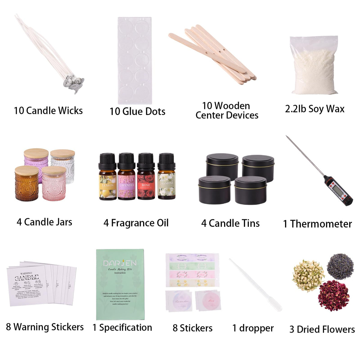 DARJEN Candle Making Kits - Soy Candles Making Supplies for Adults Including 4 Candle Jars(Clear, Pink, Amber, Purple), Candle Tins, Wax, Scents, Dried Flower & More, DIY Arts & Crafts Kits Home Decor