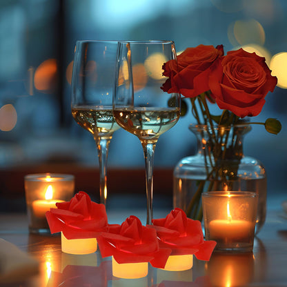 Della Stella 9 Pack Battery Operated Tea Light Candles with Artificial Rose Petals, Romantic Flameless LED Candles for Valentine's Day, Weddings, Proposals, and Christmas Decor
