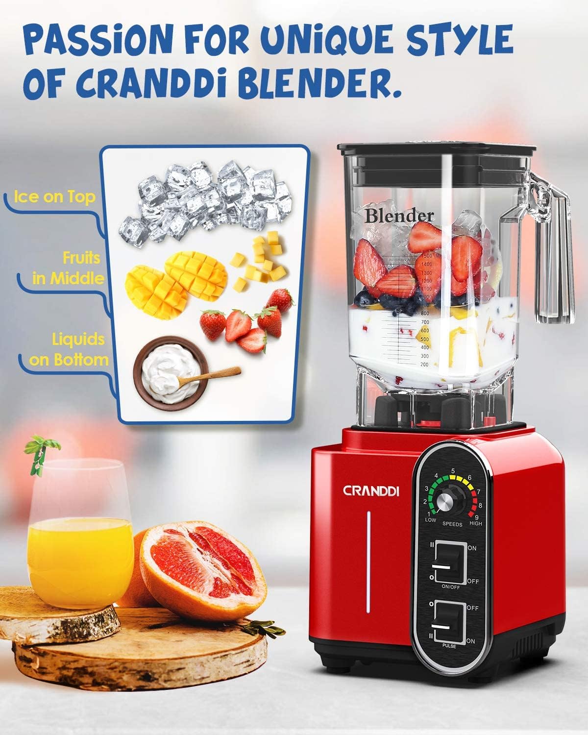 CRANDDI Smoothie Blender 52oz, 1800 Watt commercial blender, professional blenders, Stainless Steel Blade 9 Speed & Self-Cleaning, Build-in Pulse, K98C Red