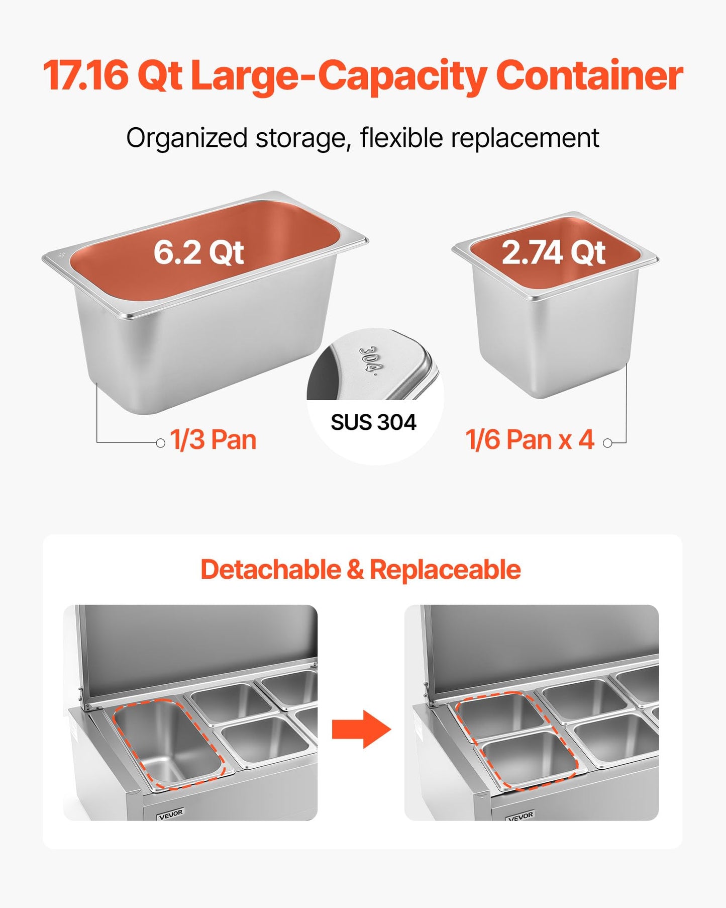 VEVOR Refrigerated Condiment Prep Station, 120 W Countertop Refrigerated Condiment Station, with One 1/3 Pan & Four 1/6 Pans, 304 Stainless Body and PC Lid, Sandwich Prep Table with Stainless Guard