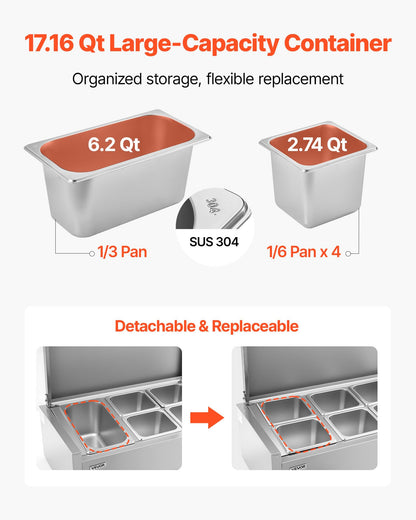 VEVOR Refrigerated Condiment Prep Station, 120 W Countertop Refrigerated Condiment Station, with One 1/3 Pan & Four 1/6 Pans, 304 Stainless Body and PC Lid, Sandwich Prep Table with Stainless Guard