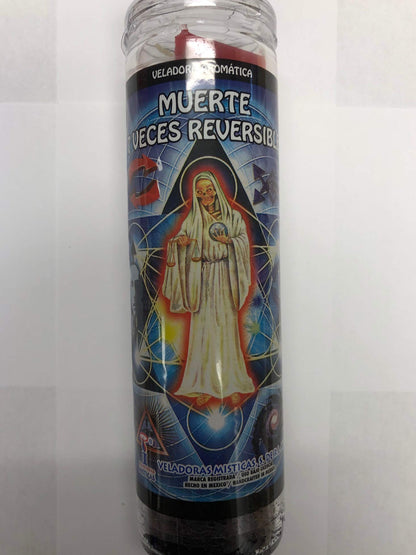 Holy Death 7 Color 7 Times Reversible (Santa Muerte 7 Veces Reversible) Pillar Prepared Scented Candle in Glass