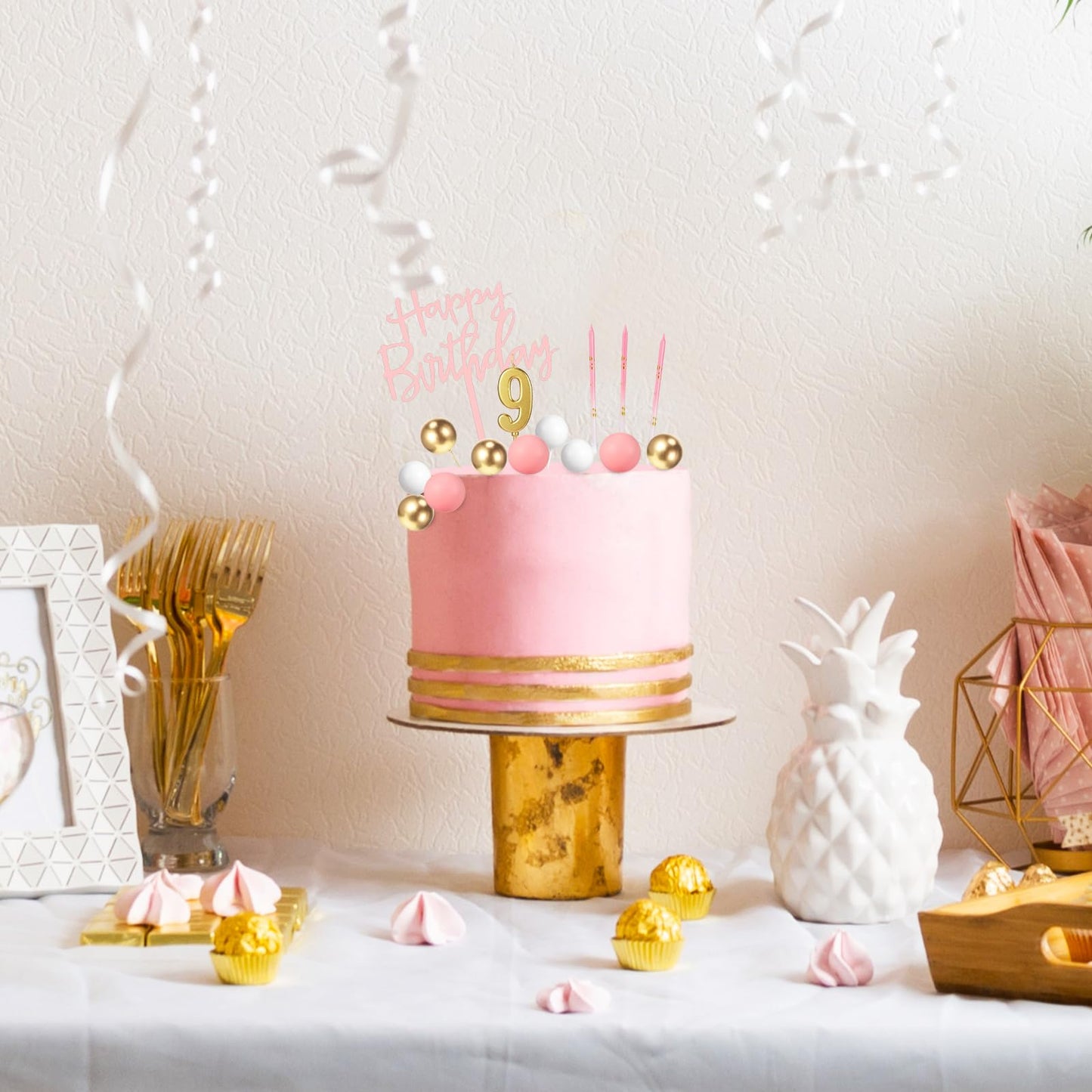 Yerliker 34 Pcs Happy Birthday Cake Toppers Decorations Birthday Candles DIY Cake Decor for Men Women Wedding Anniversary(Pink)