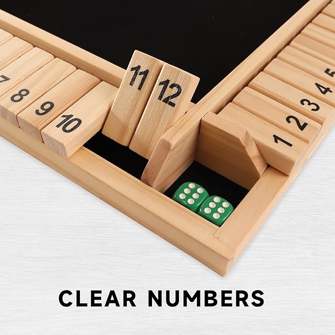 GSE Games &amp Sports Expert 1-4 Player Wooden Shut The Box Board Game with 8 Dice. 4-Way 12 Numbers Shut The Box Dice Set of Popular English Pub Board Game - Natural Wood
