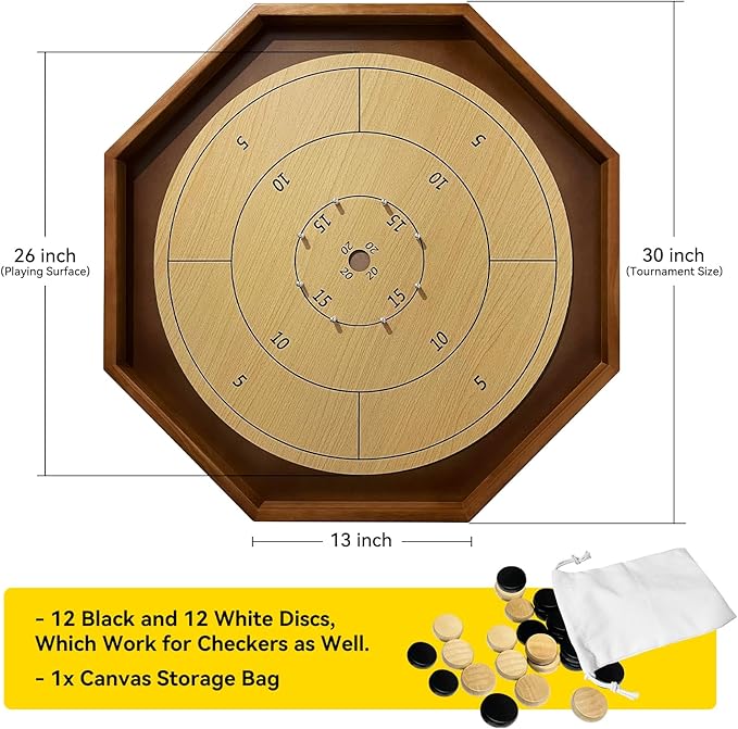 30 Inch Tournament Crokinole Board Game 2 in 1 Crokinole and Checkers with 26” Playing Surface Metal Pegs Wooden Octagon Canadian Tabletop Board Game Krokinole for Families and Friends