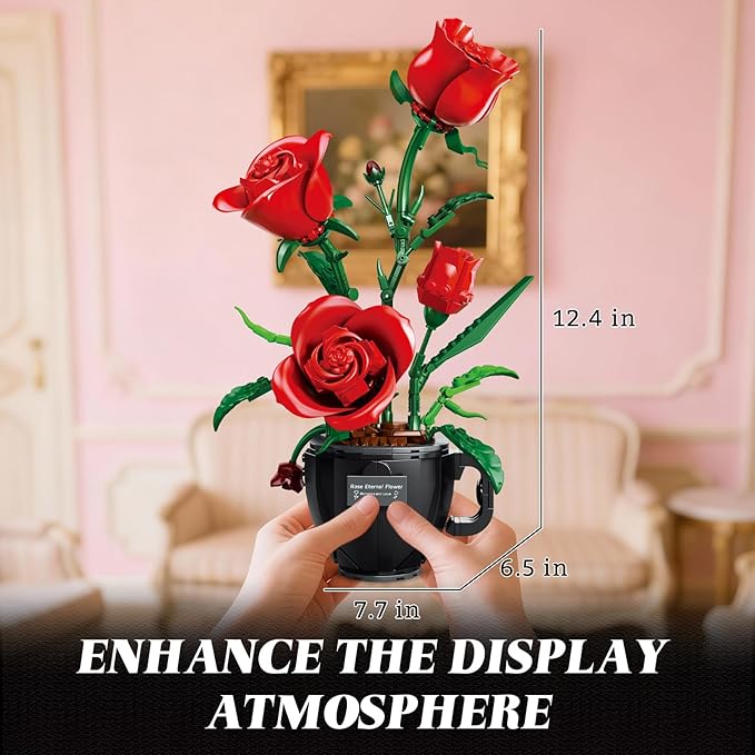 Red Roses Flowers Building Block Set with Coffee Cup Vase for Adults Compatible with Lego Flower 450PCS Rose Botanical Collection Kit for Valentine's Day Home Decor Gift for Girlfriend/Wife/Mom