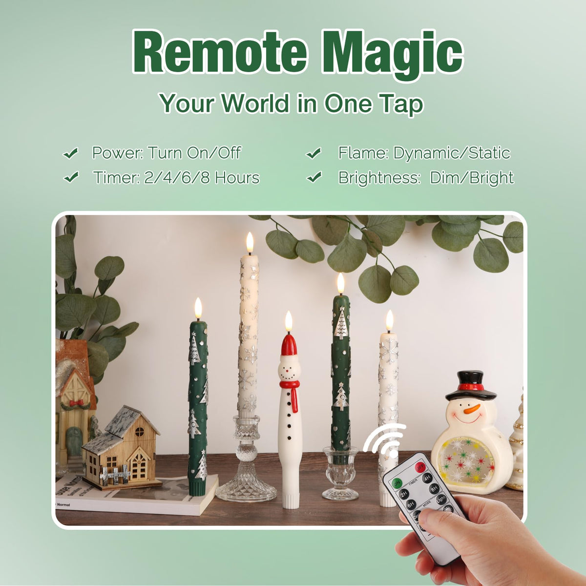 Eywamage Green Christmas Tree Flameless Taper Candles with Remote, Flickering LED Wax Candlesticks Set of 4