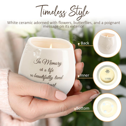 Pavilion 'In Memory, Beautifully Lived' 19178 - White Ceramic Candle with Soy Wax in a Delicate Floral Scent, Thoughtful Sympathy, Remembrance, and Condolence Gift - 8 Ounces