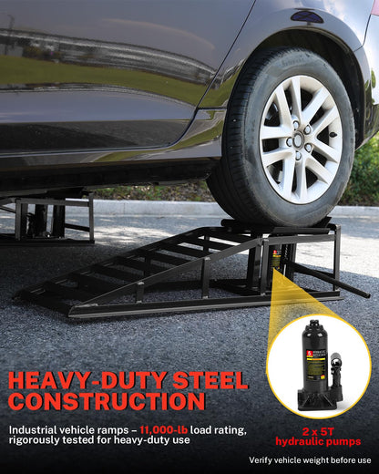 Hydraulic Car Ramps, 5T 11000lbs Low Pro-File Car Lift Service Ramps, Heavy Duty Steel Hydraulic Vehicle Ramps for Car Truck Trailer Garage Repair - 2 Pack