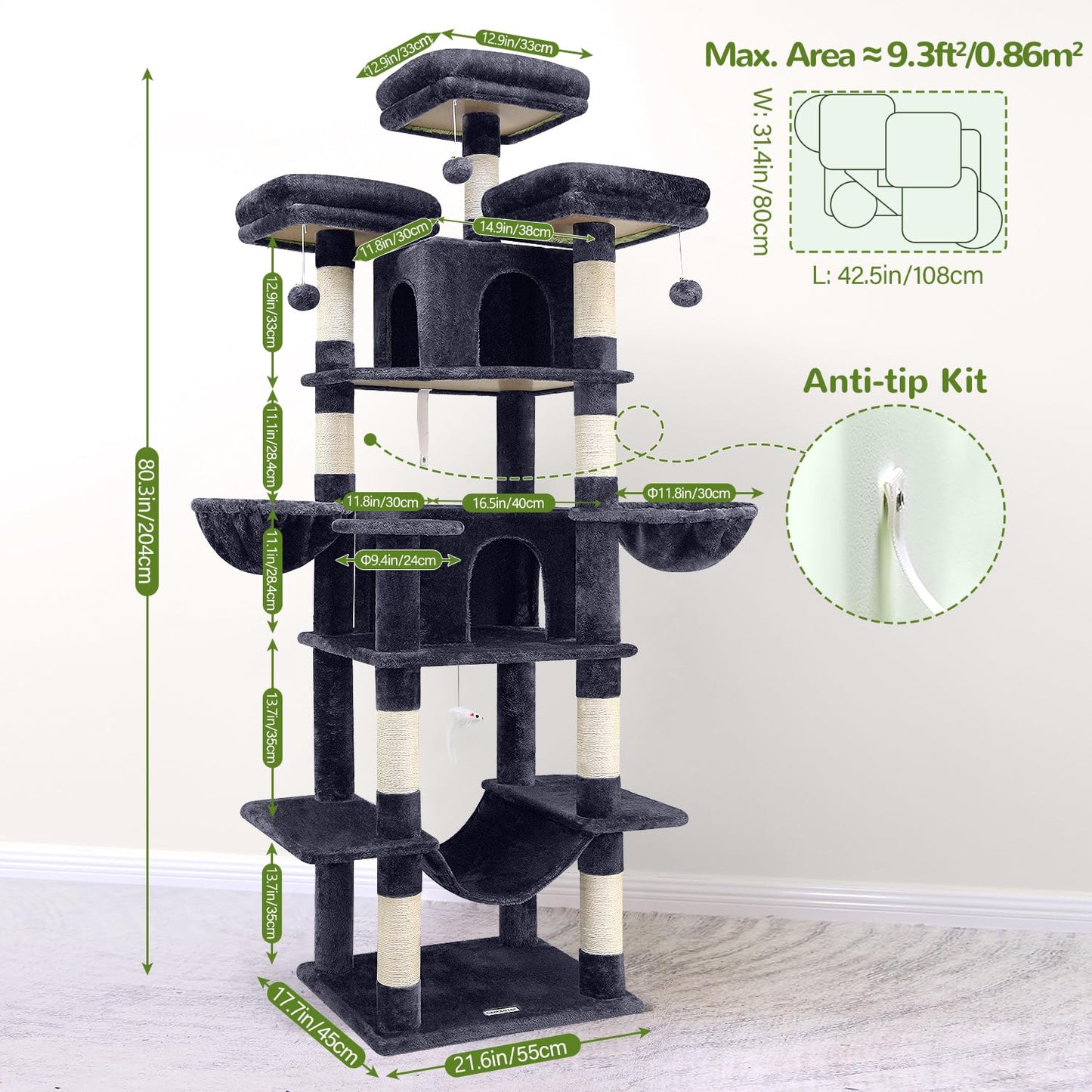 Globlazer Big Cat Tower for Indoor Cats, 80inch Cat Tower for Multiple Adult Cats XXL Cat Tree with Scratching Post, Hammock, 3 Perches, 2 Condos, 2 Hanging Basket, F80, Dark Grey