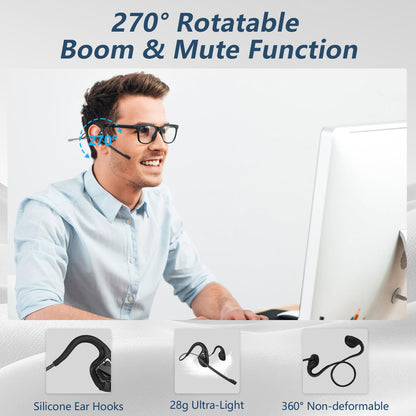 BANIGIPA Open Ear Headphones, Air Conduction Bluetooth Headset, Wireless Earphones Stereo w/Noise-Canceling Boom Microphone, 10 Hrs Playtime, Light and Comfortable for Cell Phone Sport Office Driving