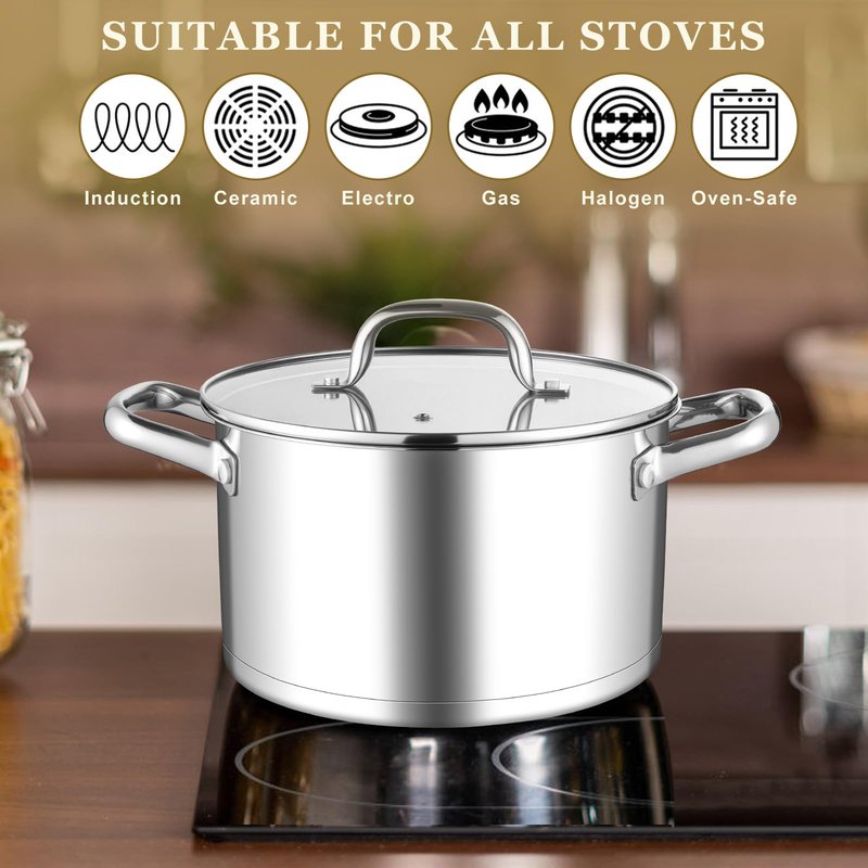 Leonyo Stainless Steel Stock Pot, 8 Quart Stock Pot with Visible Lid, Heavy Duty 3-Ply Induction Cooking Pot for Pasta, Soup, Spaghetti, 18/10 Stainless Steel StockPot for Canning, Boiling, Simmering