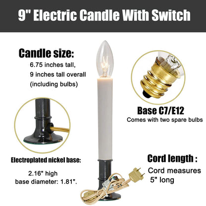 SUNSGNE Electric Christmas Window Candles with Nickel Plated Base, Electric Window Candle Lamp Lights Plug in Christmas Candle Lamp with 7 Watts C26 Light Bulbs, Turn On/Off Switch (Pack of 4)