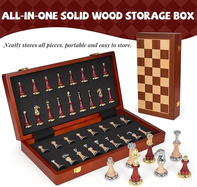 Large Wooden Chess Set with Metal &amp Wooden Chess Pieces Luxury 17 Inch Chess Board Game with 2 Extra Queens Premium Classic Strategy Board Game for Adults Kids Beginners &amp Gift Lovers