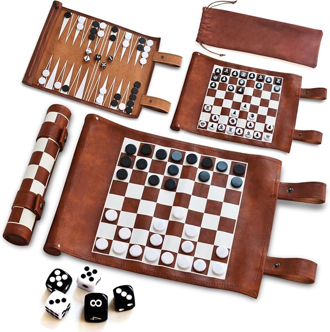 Chess Checkers and Backgammon Set 3 in 1 - Roll-up Leather Board Games Portable and Lightweight with Drawstring BagTravel-Size Board Game for Camping Backpacking Road Trips Adults