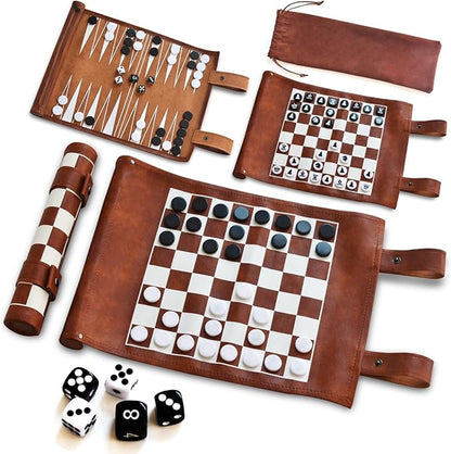 Chess Checkers and Backgammon Set 3 in 1 - Roll-up Leather Board Games Portable and Lightweight with Drawstring BagTravel-Size Board Game for Camping Backpacking Road Trips Adults