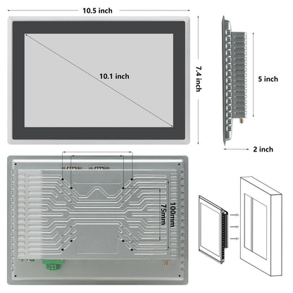 TouchWo 10.1 inch Industrial Embedded Touchscreen Monitor, Capacitive Multi-Touch Screen Industrial Front IP65 Monitor Built-in Speakers, HD-MI in, USB, VGA, 16:9 1280x800 Display