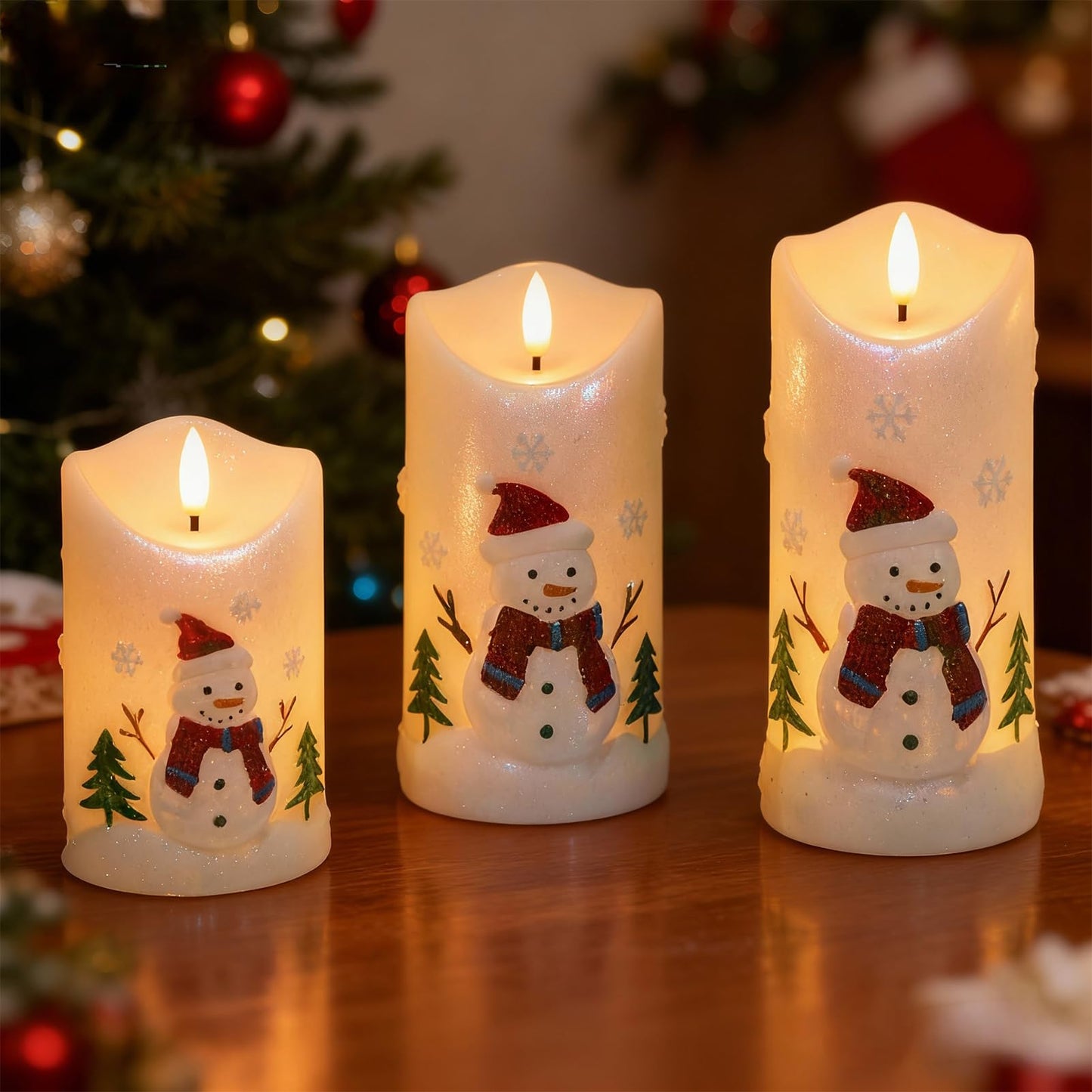 DRomance Snowman Flameless Candles Battery Operated with Remote and Timer Real Wax 3D Wick Flickering LED Pillar Candles Color Painted Carved Snowflake Christmas Holiday Decor(3" D x 5", 6", 7" H)