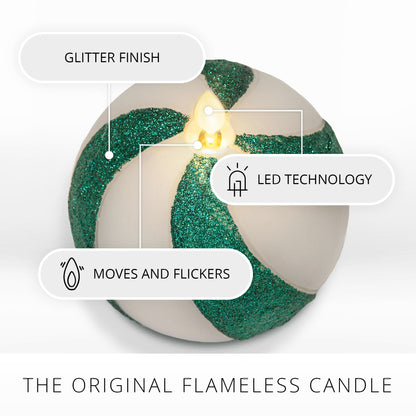 Luminara - Flameless Holiday Crystal Beads Glitter Sphere Candle - Candy Cane Green- Pack of 1-4x4.25 - Auto Timer Built-in 5-Hour Timer Indoor Use