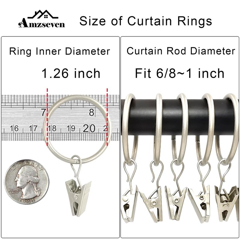 AMZSEVEN 40 Pack Curtain Rings with Clips, Drapery Clips with Rings, Drapes Rings 1.26 in Interior Diameter, Fits up to 1 in Curtain Rod, Matte Silver