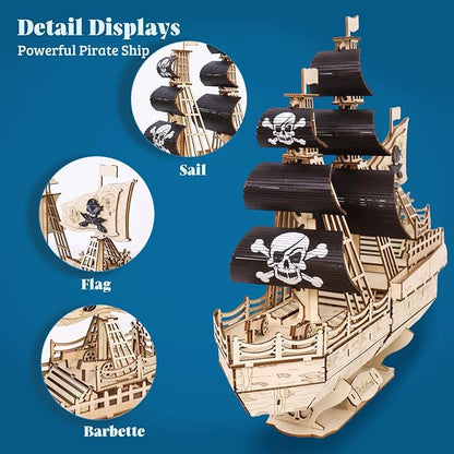 3D Wooden Puzzles for AdultsWooden Toy for Kids and AdultsModel Building KitEducational Brain TeaserBest Educational Christmas Birthday Day Gift for Friends (Wooden Pirate Ship)