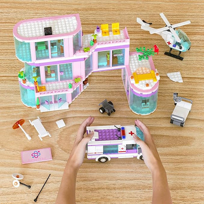 QLT QIAOLETONG Friends City Hospital Building Set Ambulance Truck with Hospital Bed Wheelchair Playset Birthday Gift for Boys Girls Kids 6+ Years Old-Compatible with Lego for Girls Age 8-12
