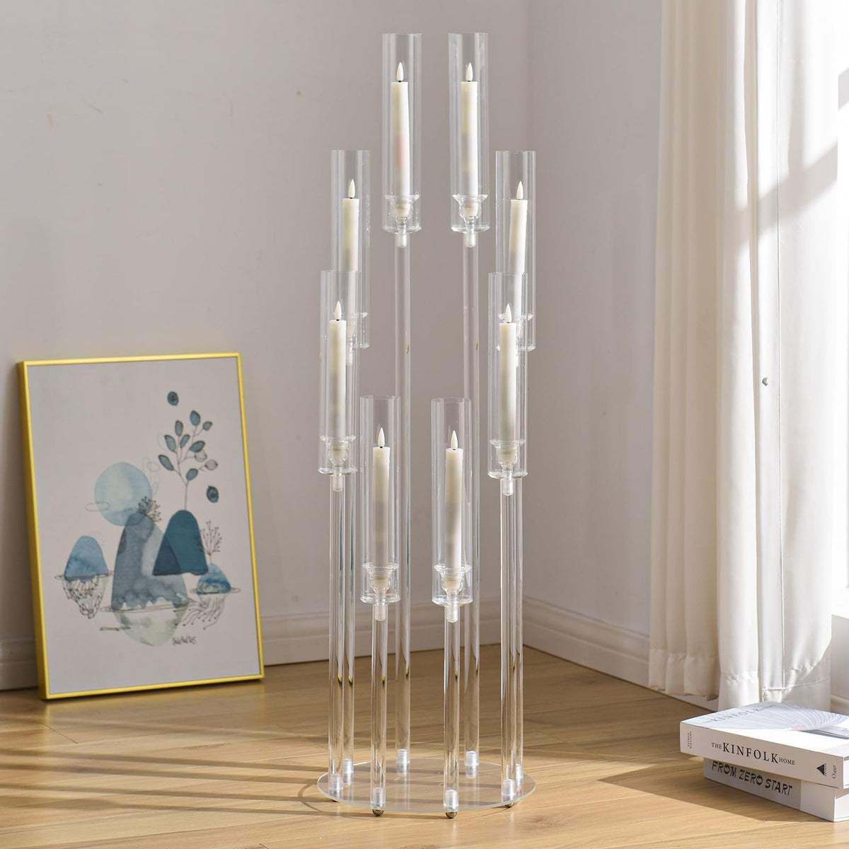 VINCIGANT 4PCS 8 Arms Clear Candelabra Candle Holder for Wedding Decorations,38.5 inches Tall Arcylic Candlesticks Holder with Shade for Table Dinner Party Valentines Day Fireplace Decoration