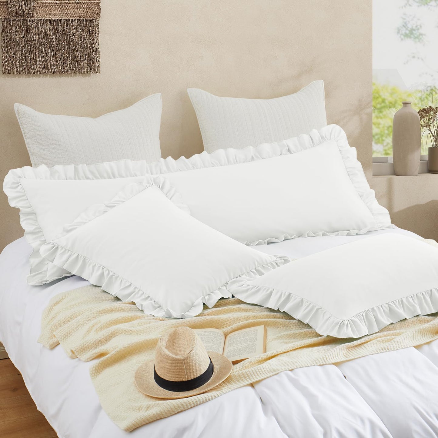 Cobedzy Ruffled Pillow Cases Set of 2, White Standard Pillow Shams Brushed Microfiber Edge Ruffled Soft Pillow Cover with Envelope Closure for Bedding Decor (20"x26")