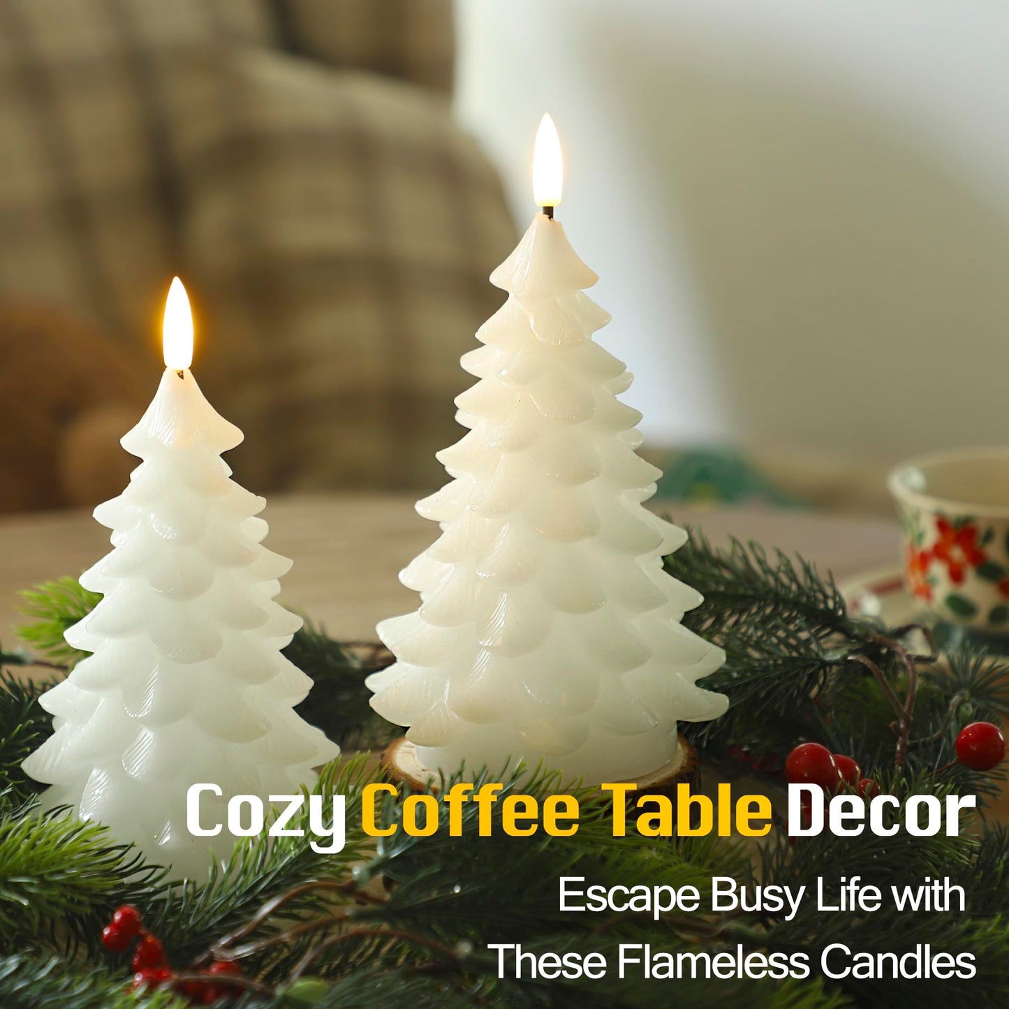 JOIONE Christmas Tree Flameless Candles with Remote Timer,Battery Operated Flickering Candles, LED Real Wax Candles for New Year Celebration, Christmas Decor, Set of 2, White (3.15" X 7.48")