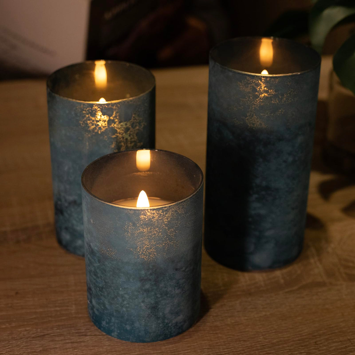 HJANDHJ Blue Flickering Flameless Candles with Remote - Handmade Sandblast Glass Battery Operated LED Pillar Candles for Home/Coastal Theme Wedding Decorations (Set of 3)