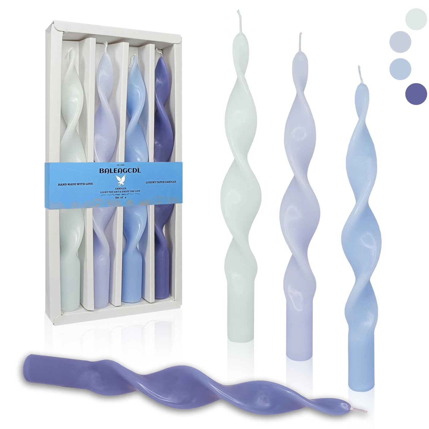 Smokeless Gradient Blue Spiral Taper Candle 10 Inch Unscented Candlesticks Handmade Long Twisted Candles for Wedding Church Home Decor Gifts 4 Pcs