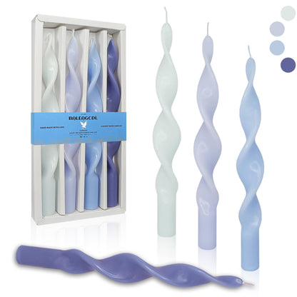 Smokeless Gradient Blue Spiral Taper Candle 10 Inch Unscented Candlesticks Handmade Long Twisted Candles for Wedding Church Home Decor Gifts 4 Pcs