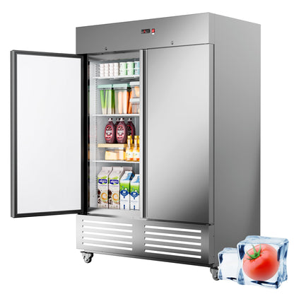 Ferueo Commercial Refrigerator 54" W 2 Door Stainless Steel Reach-in Solid Door Upright Fridge Fan Cooling 49 Cu.ft Refrigerators 32-47°F for Restaurant, Bar, Shop