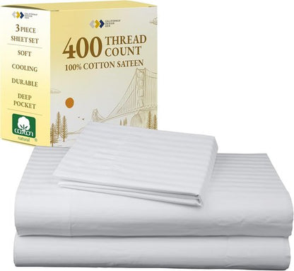 California Design Den Twin XL Sheet Set - 100% Cotton, 400 Thread Count, Silky Smooth Sateen, Striped White