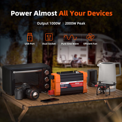 BELTTT 1000Watt Pure Sine Wave Inverter 12V DC to 120V AC for RV, Truck, Off-Grid, Solar Inverter 12V to 110V Converter with Dual AC Socket and 5V 2.1A USB, Power Inverter, Intelligent LCD, 2000W Peak