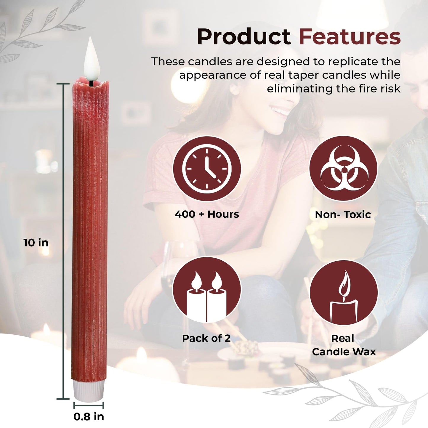 comforder Flameless Taper Candles – Flickering LED Flame with 6H Timer – Real Wax, Ribbed Design – Battery Operated Set of 2 – 10" Tall (Burgundy Red)