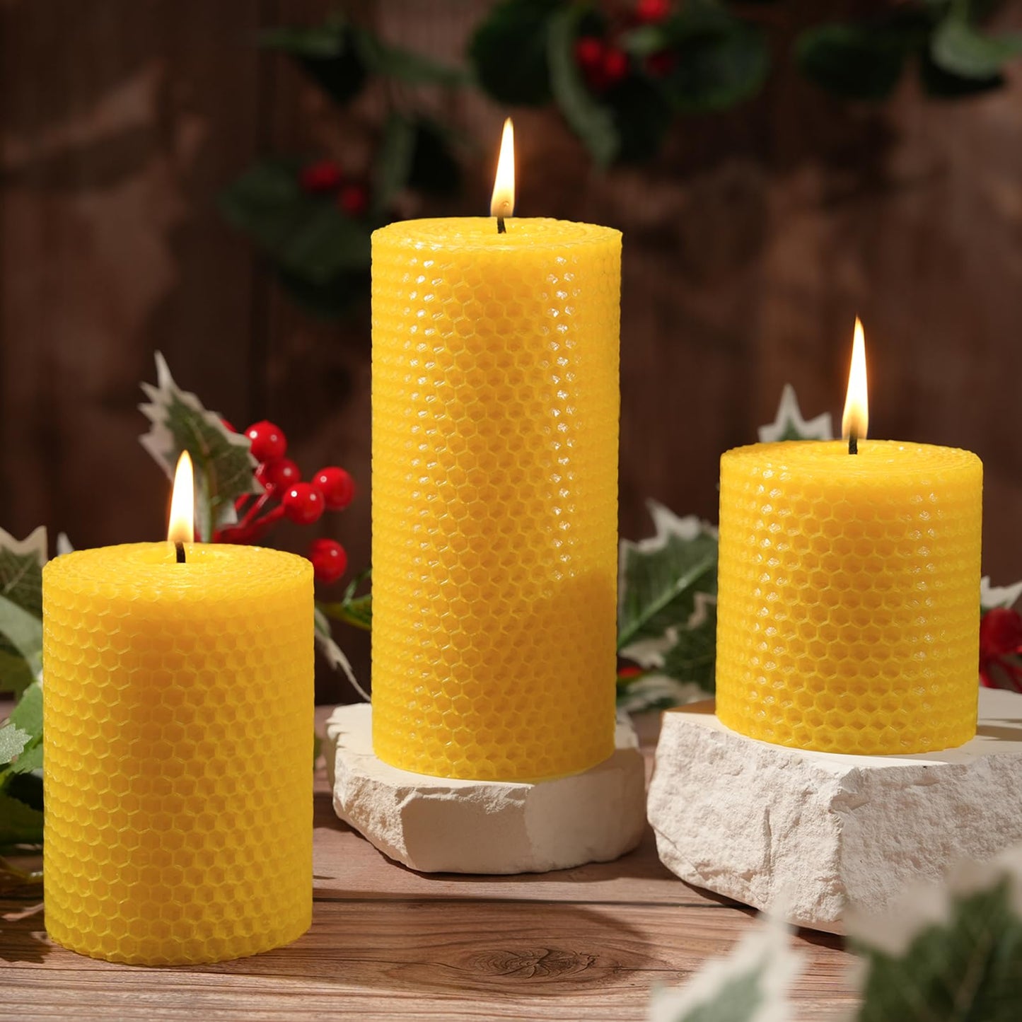 Beeswax Pillar Candles,Hand Rolled Honeycomb Design,3 Sizes,100 Hours Total