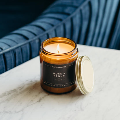 Calyan Wax Co. Rose & Peony Scented Candle - 57 Hour Burn - Luxury Clean Soy Wax Candles - Long Lasting Amber Glass Jar Candle for Home - 7.2oz