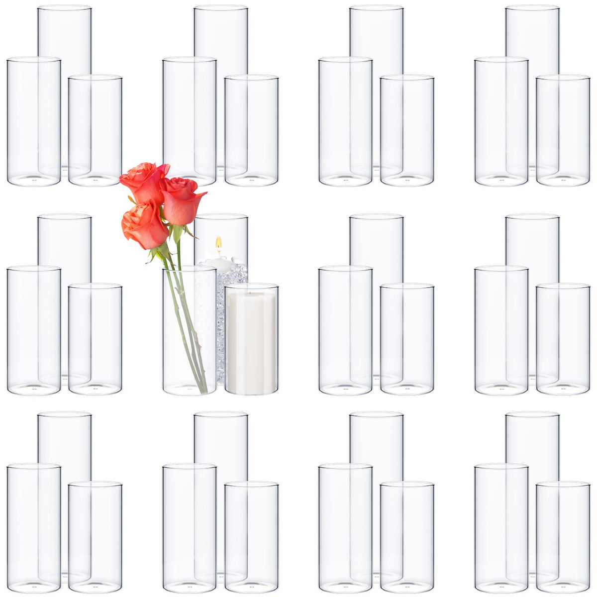 Didaey 36 Pcs Thin Cylinder Vases Set for Centerpieces 2.5'' Diameter 2mm Thickness Clear Glass Vase Hurricane Floating Candle Holder for Wedding Table Decoration (2.5'' X 5'',6'',8'')