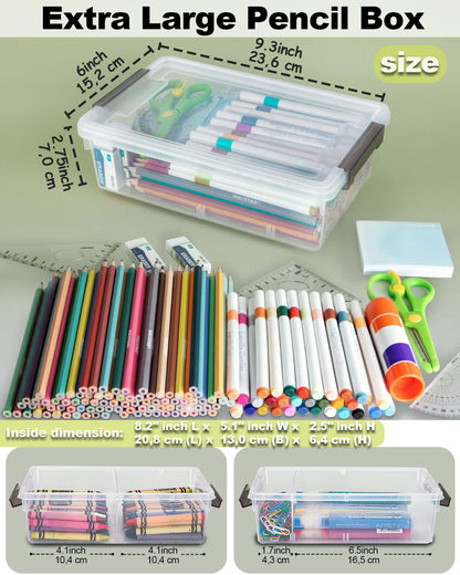 GEOPHIA 6 Pack Extra Large Pencil Box with Removable Divider, Thickened Pencil Case Bulk, Clear Crayon Marker Organizer Stackable Plastic Small Storage Containers for Pen Craft School Supplies(Grey)