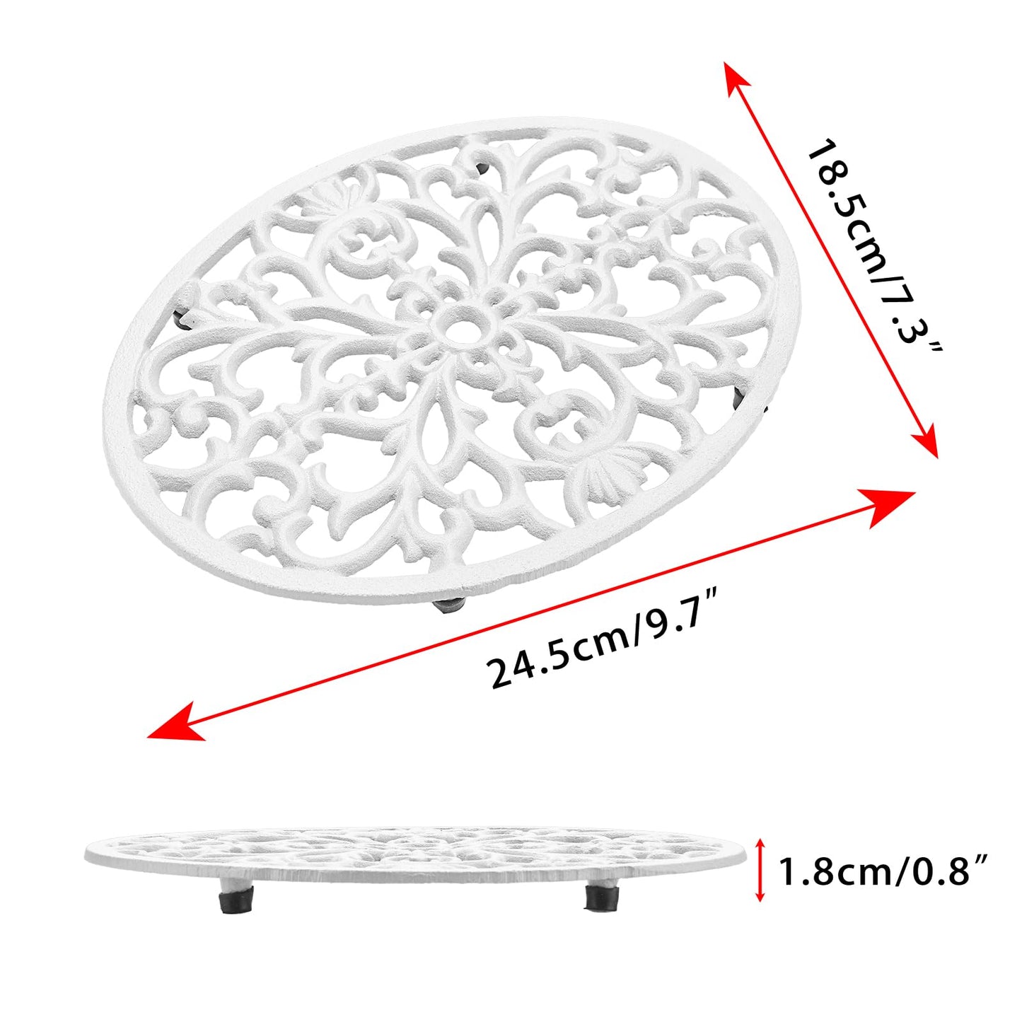 Sumnacon Cast Iron Trivet 2 Pack Heat Resistant Iron Trivets for Hot Dishes Pots Pans Plates Teapots,Rustic Cast Iron Trivet for Cooktop Kitchen Dining Table Metal Trivets with Rubber Feets,White