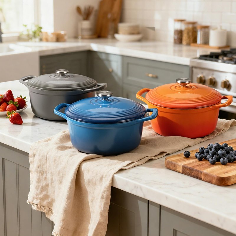 Overmont Enameled Cast Iron Dutch Oven - 5.5QT Pot with Wide Handles Lid Cookbook & Cotton Potholders - Heavy-Duty Pre-Seasoned Cookware Oven Safe to 500°F for Braising, Stews, Roasting, Sourdough Baking