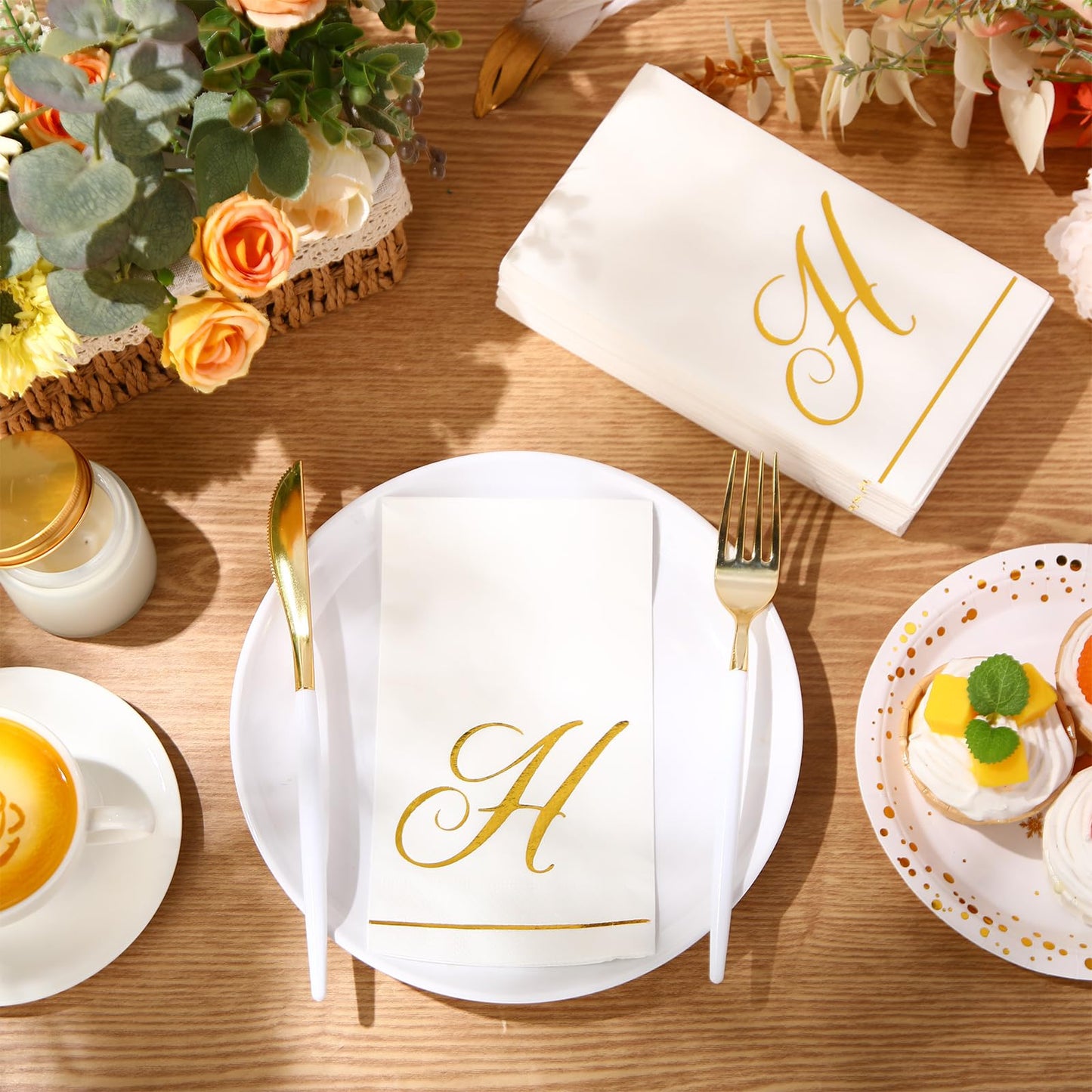 Pasimy 200 Pcs Initial Napkins Monogram Guest Napkins Gold Letter Paper Towels Disposable Elegant Dinner Towels for Wedding Bridal Shower Holiday Birthday Party Tableware Decor(H Letter)