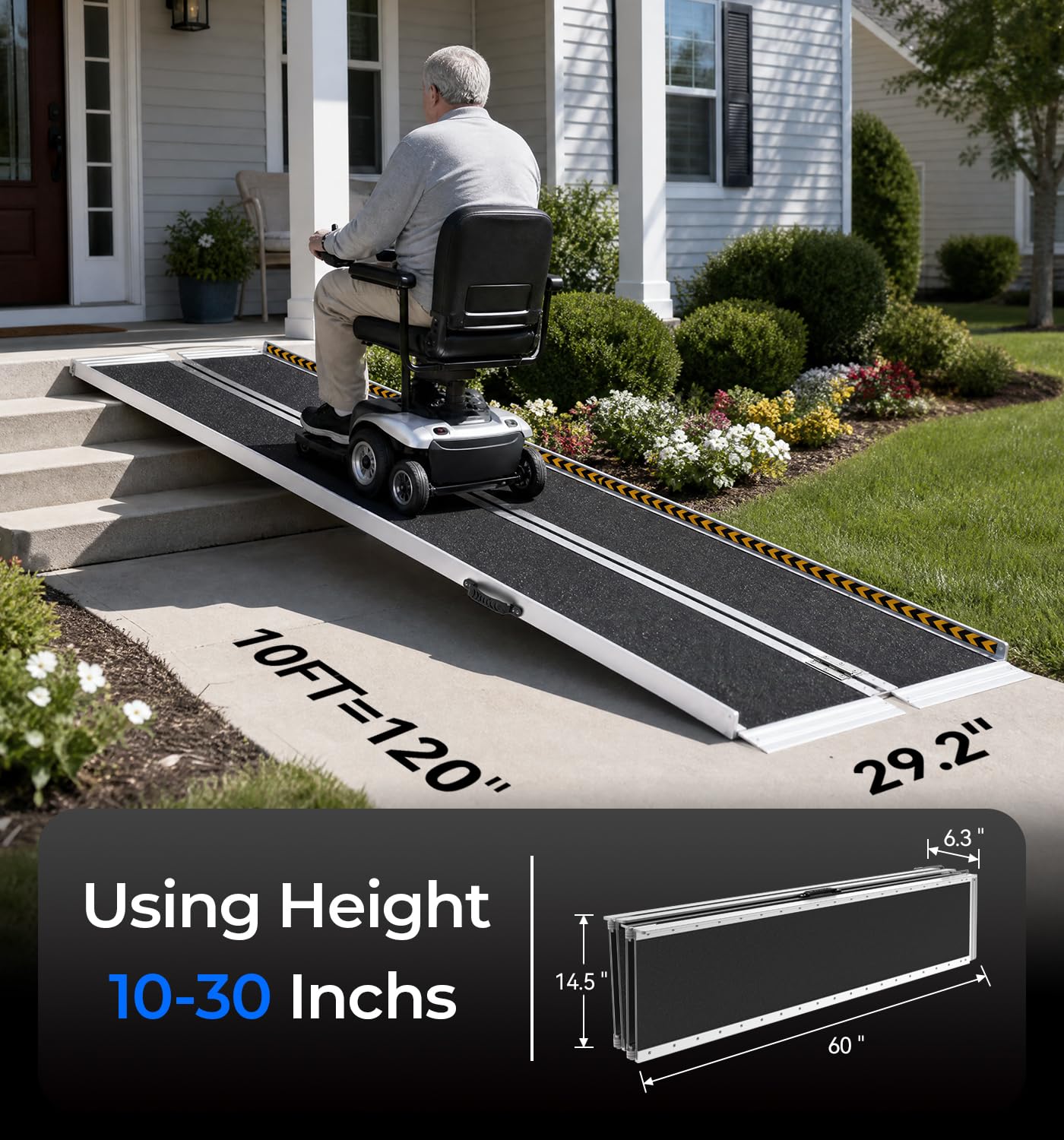 KOLOTOOL Wheelchair Ramp 10ft, Non-Skid Aluminum Folding Ramps for Wheelchairs for Home Steps, 800 LBS Capacity Handicap Ramp for Doorway, Homes, Threshold, Entry, Stairs 120" Lx 29.2" Wx2H