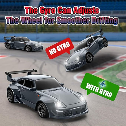ACAMMZAR Mini RC Drift Car with Gyro 1:43 4WD Full Proportional RC Cars 18KM/H High Speed Remote Control Car with Lights Extra Racing Tires Vehicle for Adults Kids Boys Gray