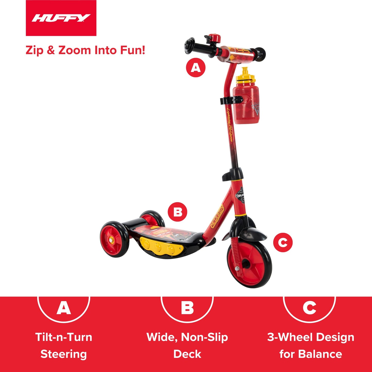 Huffy Disney Pixar Cars Preschool Scooter with Lights, Bell, and Water Bottle, Superhero Red