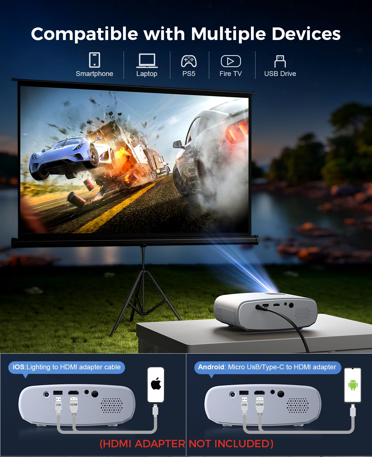 Mini Projector for iPhone, ELEPHAS 2025 Upgraded 1080P HD Projector, 8000L Portable Projector with Tripod, Movie Projector Compatible with Android/iOS/Windows/TV Stick/HDMI/USB