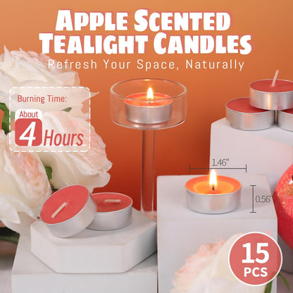 HAVITI 15 Pcs Apple Scented Tealight Candles, Red Tea Lights Candles, 4H Smokeless Palm Wax Tea Candle for Weddings,Christmas,Advent, Spa, Bath